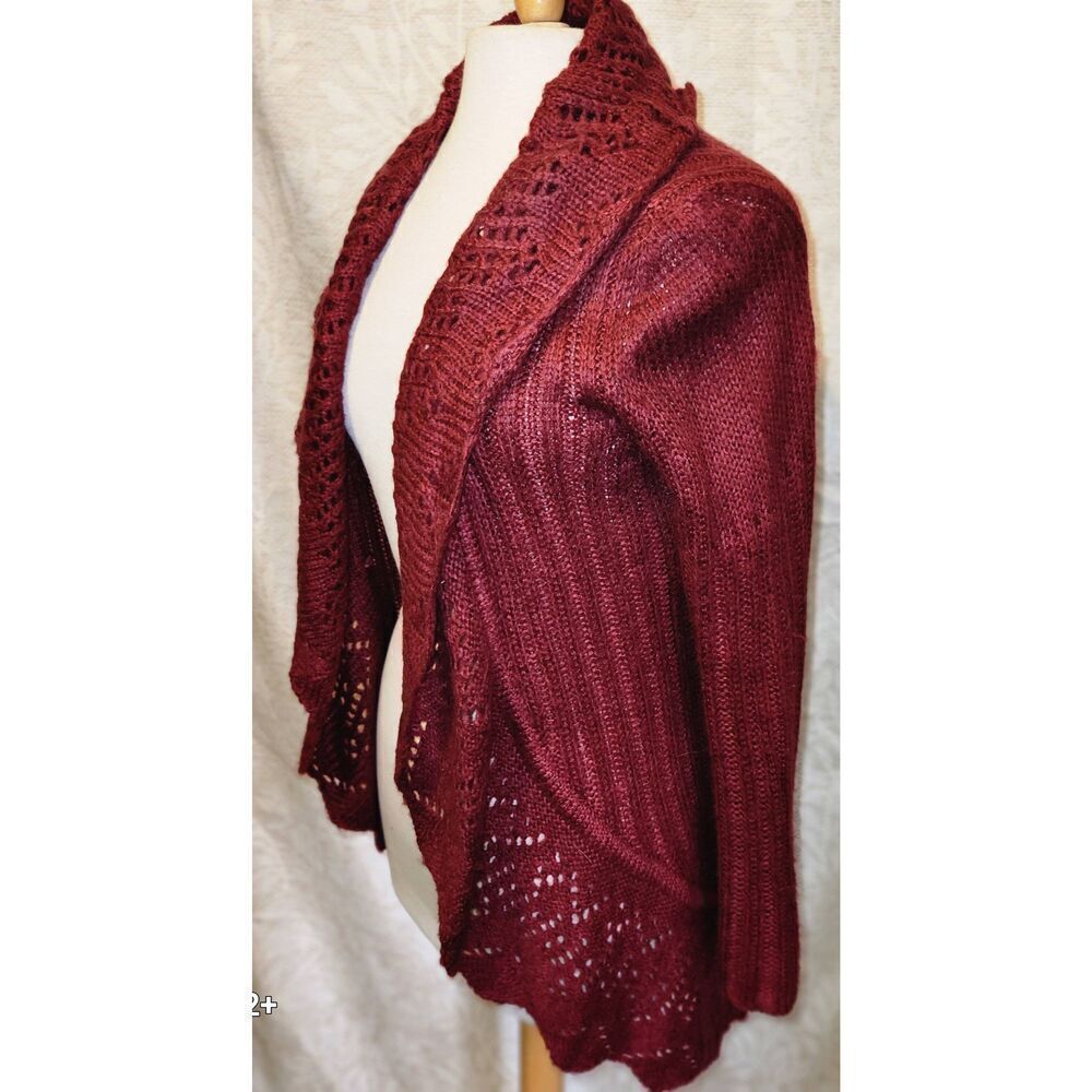 C0 NY Collection Open Drape Front burgundy Sweater Cardigan Crocheted Loose Knit